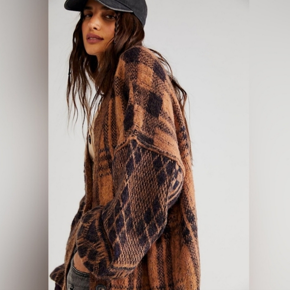 Free People Brown Plaid Sepia Sweater Cardigan in Birchwood Combo - Picture 2 of 11